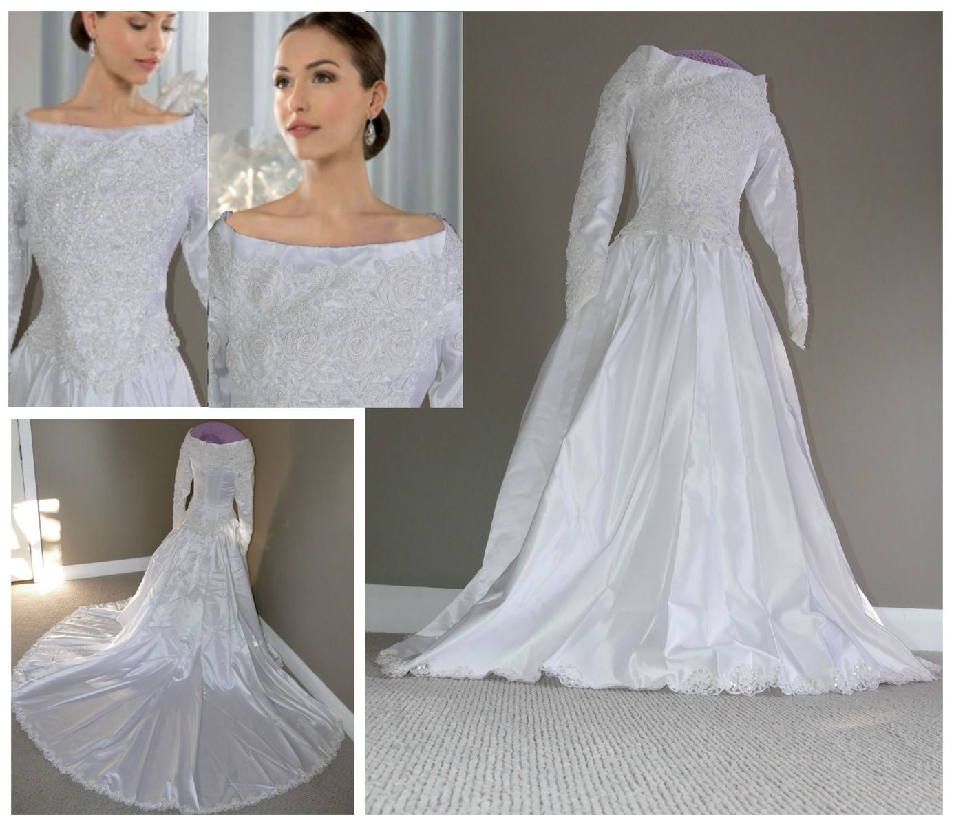 Demetrios Elegant White Long Sleeve Wedding Dress with Beaded Lace Bodice