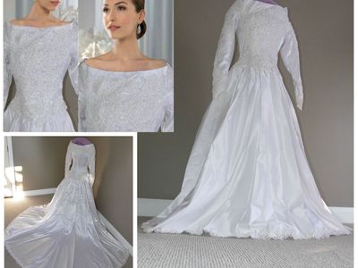 Demetrios Elegant White Long Sleeve Wedding Dress with Beaded Lace Bodice