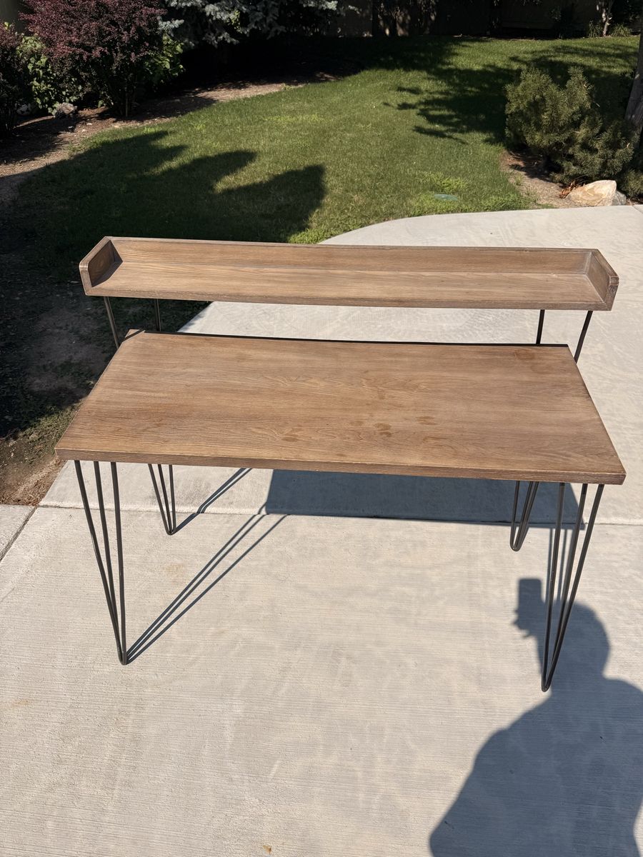 Rustic Industrial Wooden Writing Desk with Raised Monitor Shelf & Metal Hairpin Legs