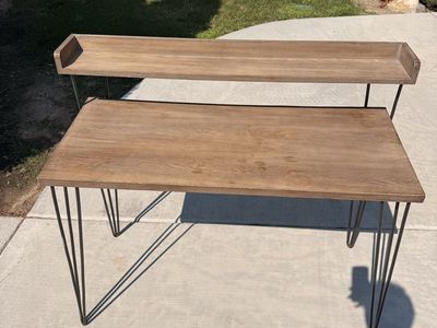 Rustic Industrial Wooden Writing Desk with Raised Monitor Shelf & Metal Hairpin Legs