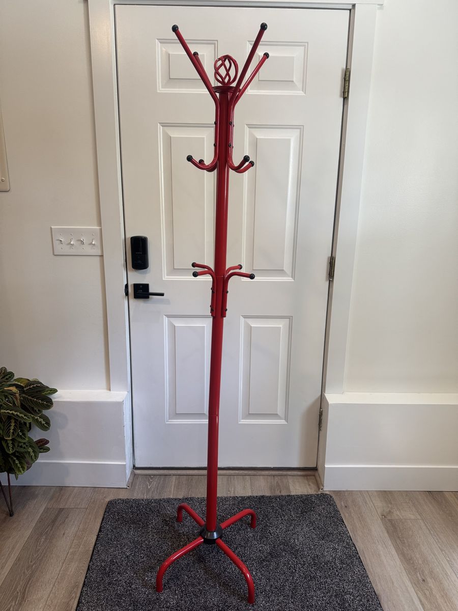 Red Metal Coat Tree - Entryway Hall Tree with Multiple Hooks