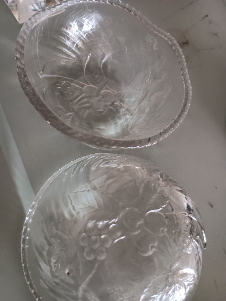 Vintage Clear Cut Glass Bowls with Embossed Fruit & Grape Pattern - Set of 2