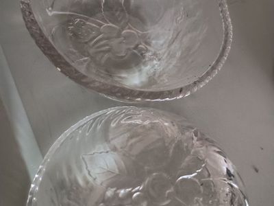Vintage Clear Cut Glass Bowls with Embossed Fruit & Grape Pattern - Set of 2