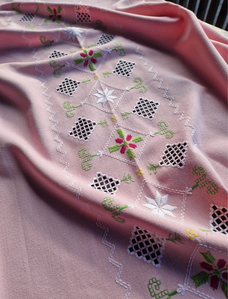 Norwegian Vintage Embroidered Pink Table Cloth