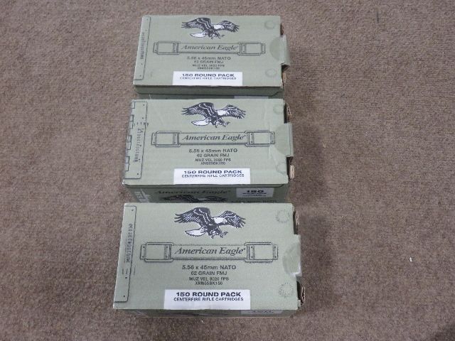 3 SEALED BOXES OF 150 ROUNDS EACH OF AMERICAN EAGLE 5.56 62 GRAIN FMJ ROUNDS