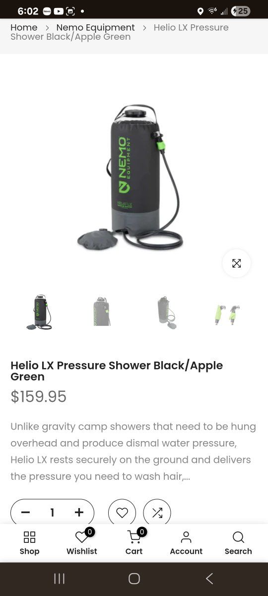 Nemo Helio LX Pressure Shower - Black/Apple Green Portable Camping Shower