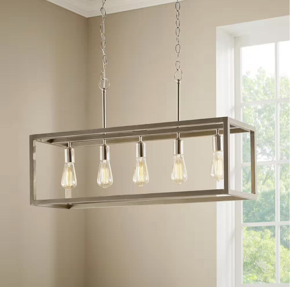 NEW Boswell Quarter 34 in. 5-Light Brushed Nickel Farmhouse Linear Chandelier