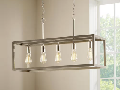 NEW Boswell Quarter 34 in. 5-Light Brushed Nickel Farmhouse Linear Chandelier