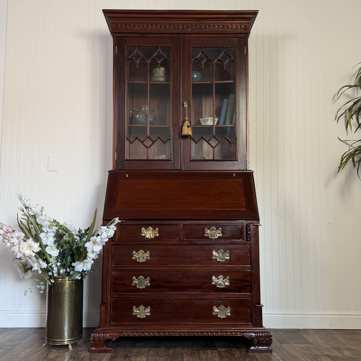 Handcrafted Mahogany Secretary Bookcase with Gothic Glass Doors