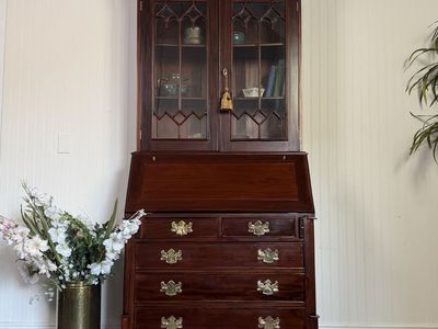 Handcrafted Mahogany Secretary Bookcase with Gothic Glass Doors