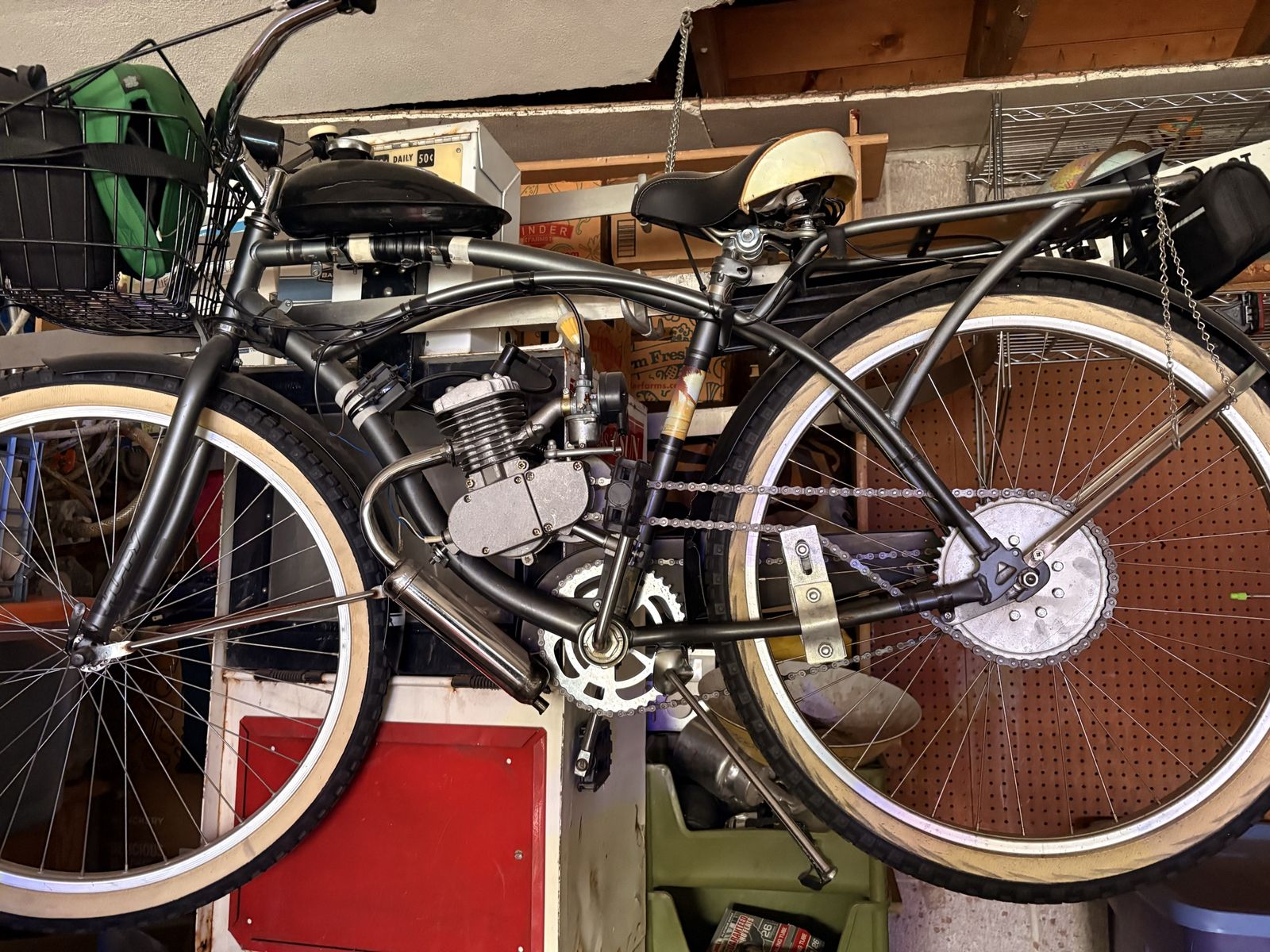 Motorized Bicycle with Front Basket & Rear Rack - Gas-Powered Cruiser Style