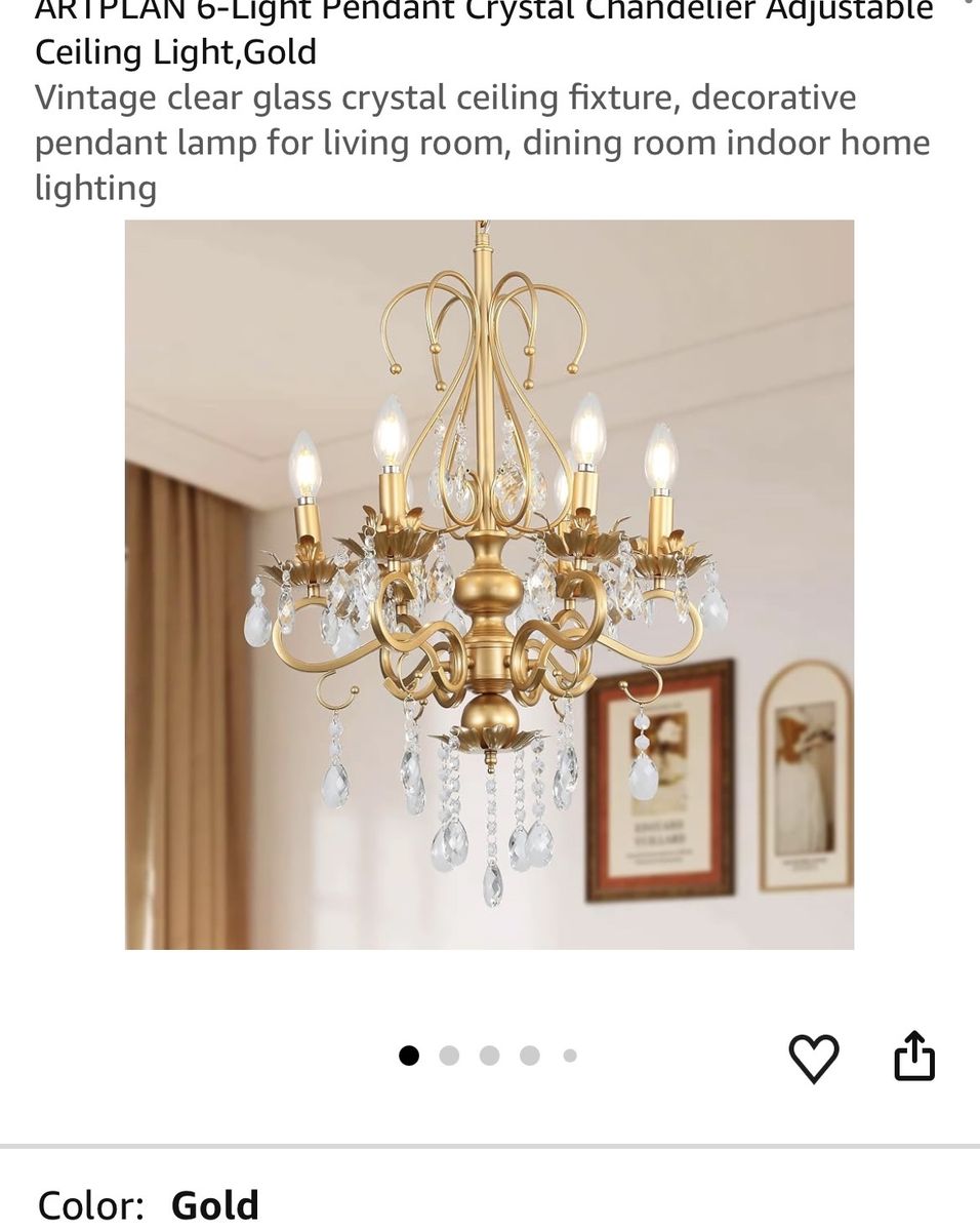 ARTPLAN 6-Light Pendant Crystal Chandelier Adjustable Ceiling Light Gold