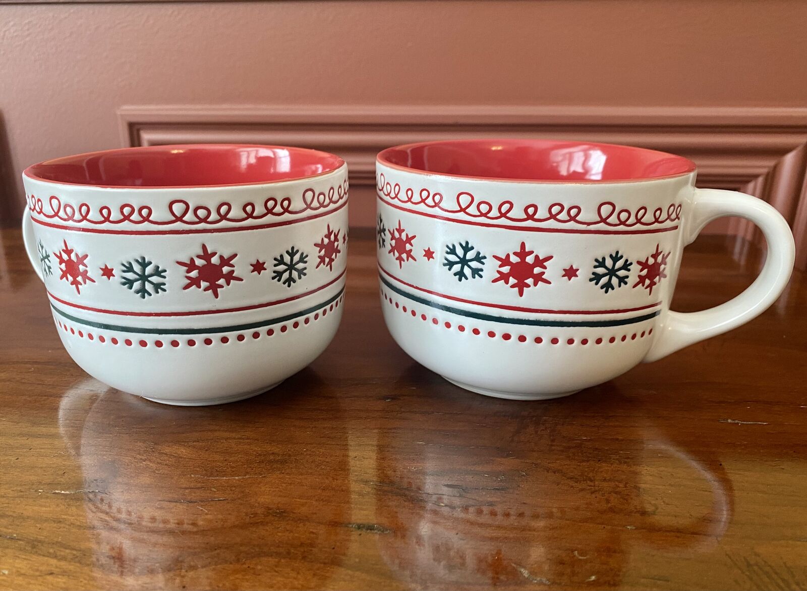 SET of Two Large Embossed Winter Mugs - Wide Opening W/ Snow Flakes - Make A Great Planter - C PIX