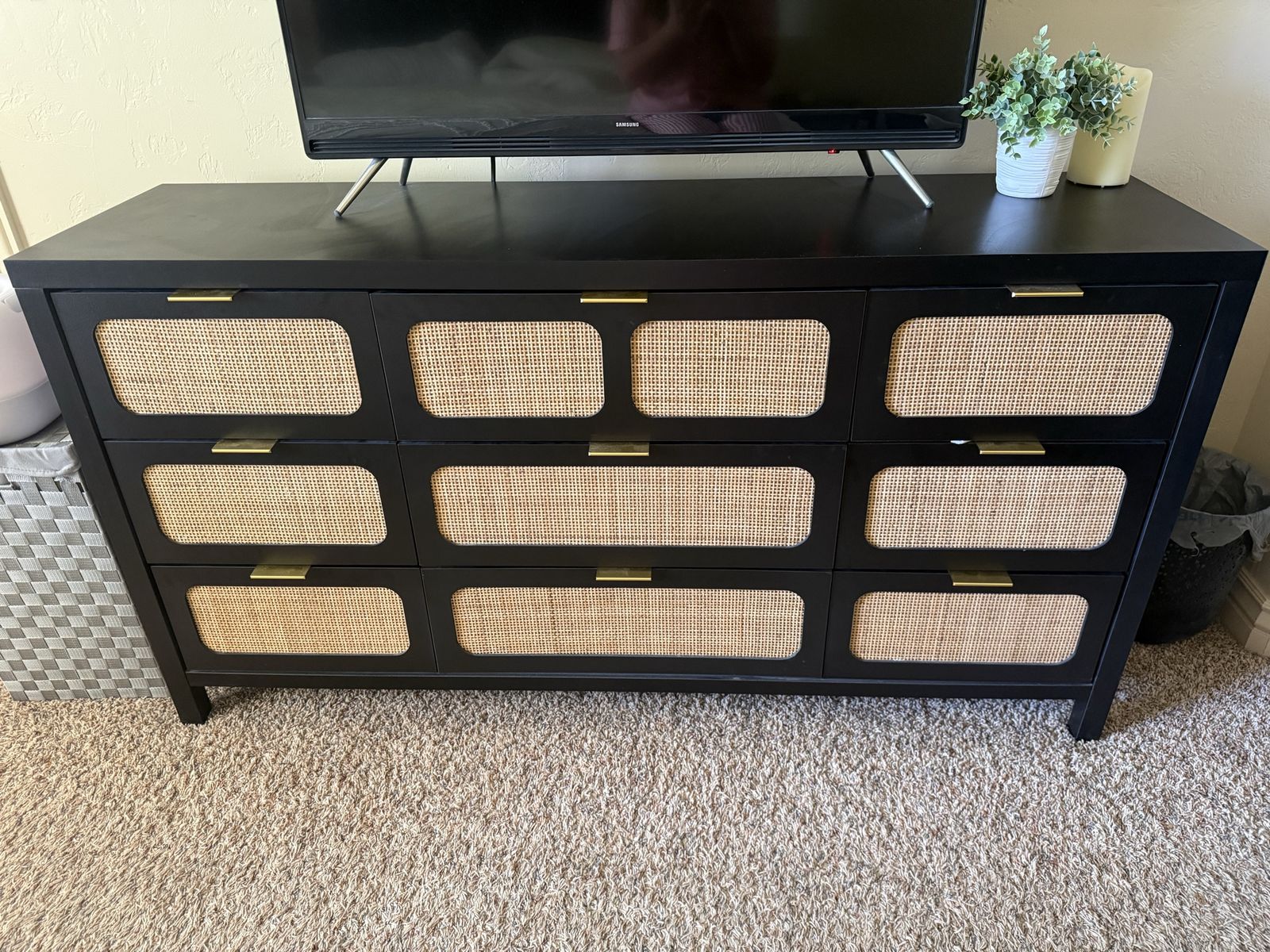 Stylish Black Dresser with Rattan Drawer Fronts and Gold Pulls - Modern Storage Cabinet