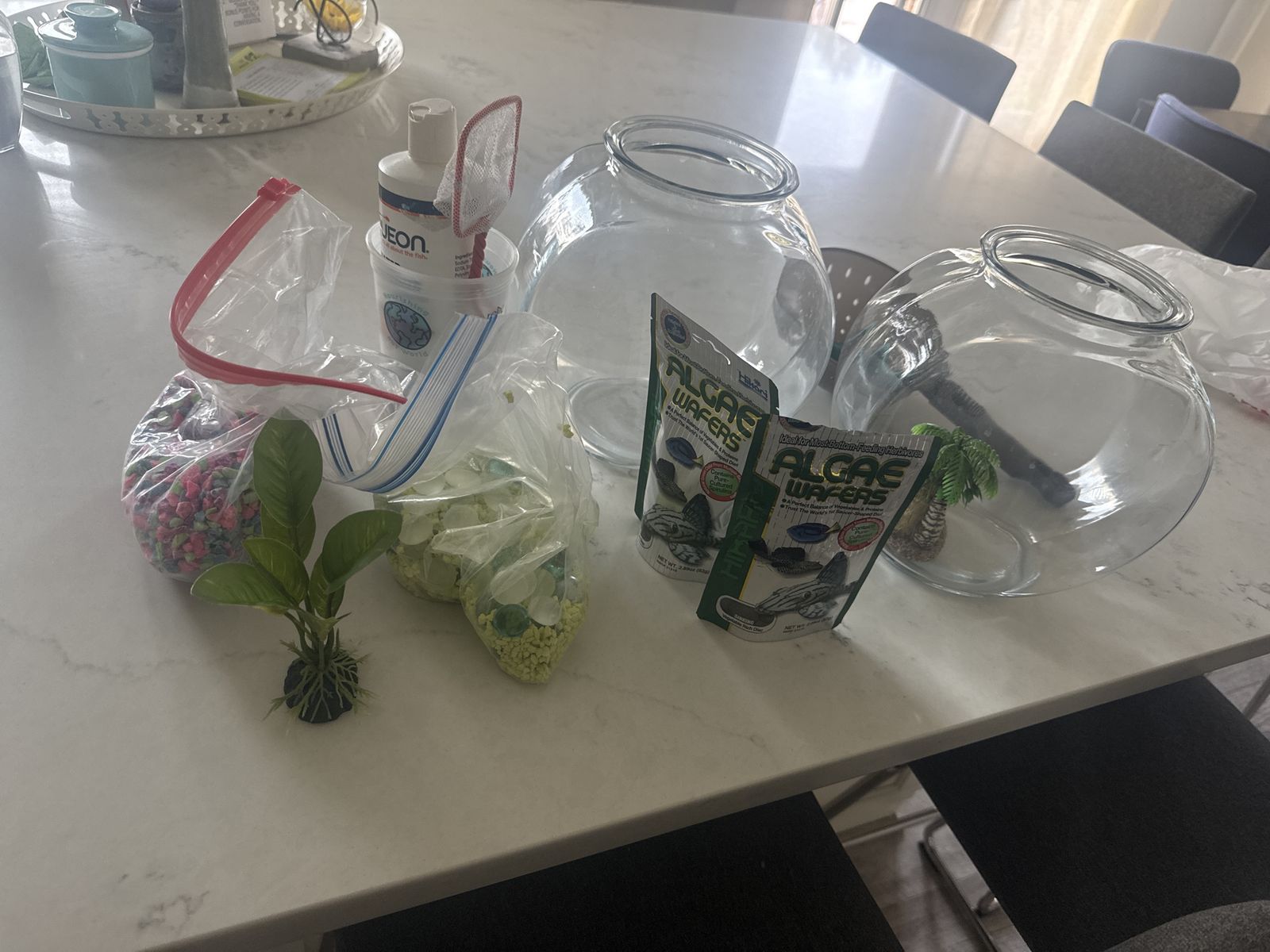 Complete Fish Bowl Kit: 2 Glass Bowls, Algae Wafers, Decor, Water Conditioner & Net