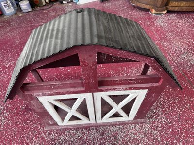Rustic Red & White Wood Barn-Style Decor with Corrugated Roof