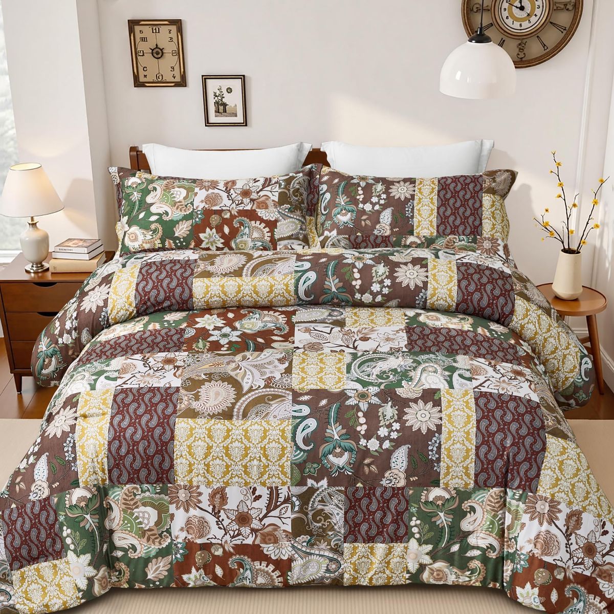 New! keensoft Boho King Size Comforter Set - 3 Piece Patchwork Vintage Soft Bedding Farmhouse Reversible Beige Bed Set 