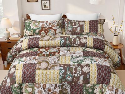 New! keensoft Boho King Size Comforter Set - 3 Piece Patchwork Vintage Soft Bedding Farmhouse Reversible Beige Bed Set