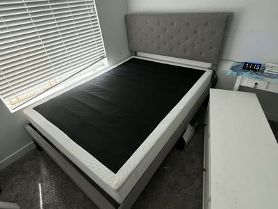 Grey Tufted Headboard & Queen Size Bed Frame - Upholstered Platform Bed with Nailhead Trim
$200 OBO