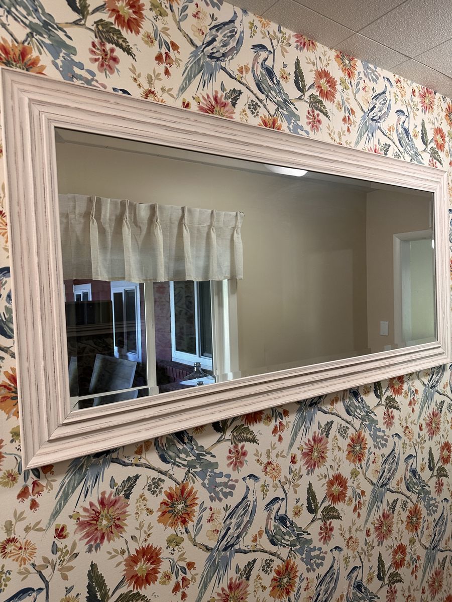 Large White Washed Wood Framed Wall Mirror - Distressed Finish, 3ft x 6ft