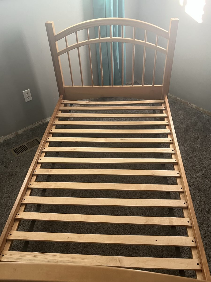Wooden Twin Size Bed Frame with Slatted Headboard and Footboard - Good Condition