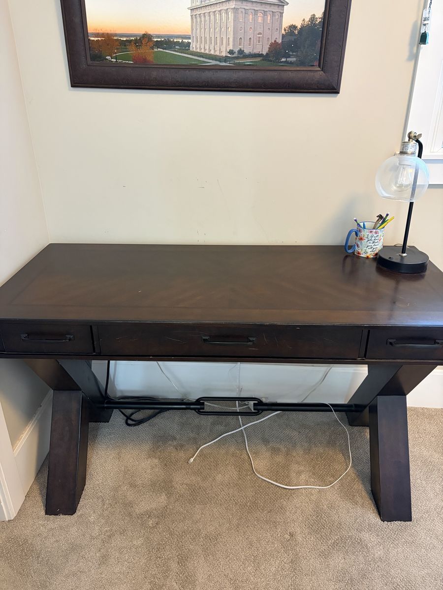 Dark Wood Writing Desk with X-Leg Base and Three Drawers