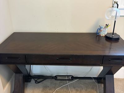 Dark Wood Writing Desk with X-Leg Base and Three Drawers