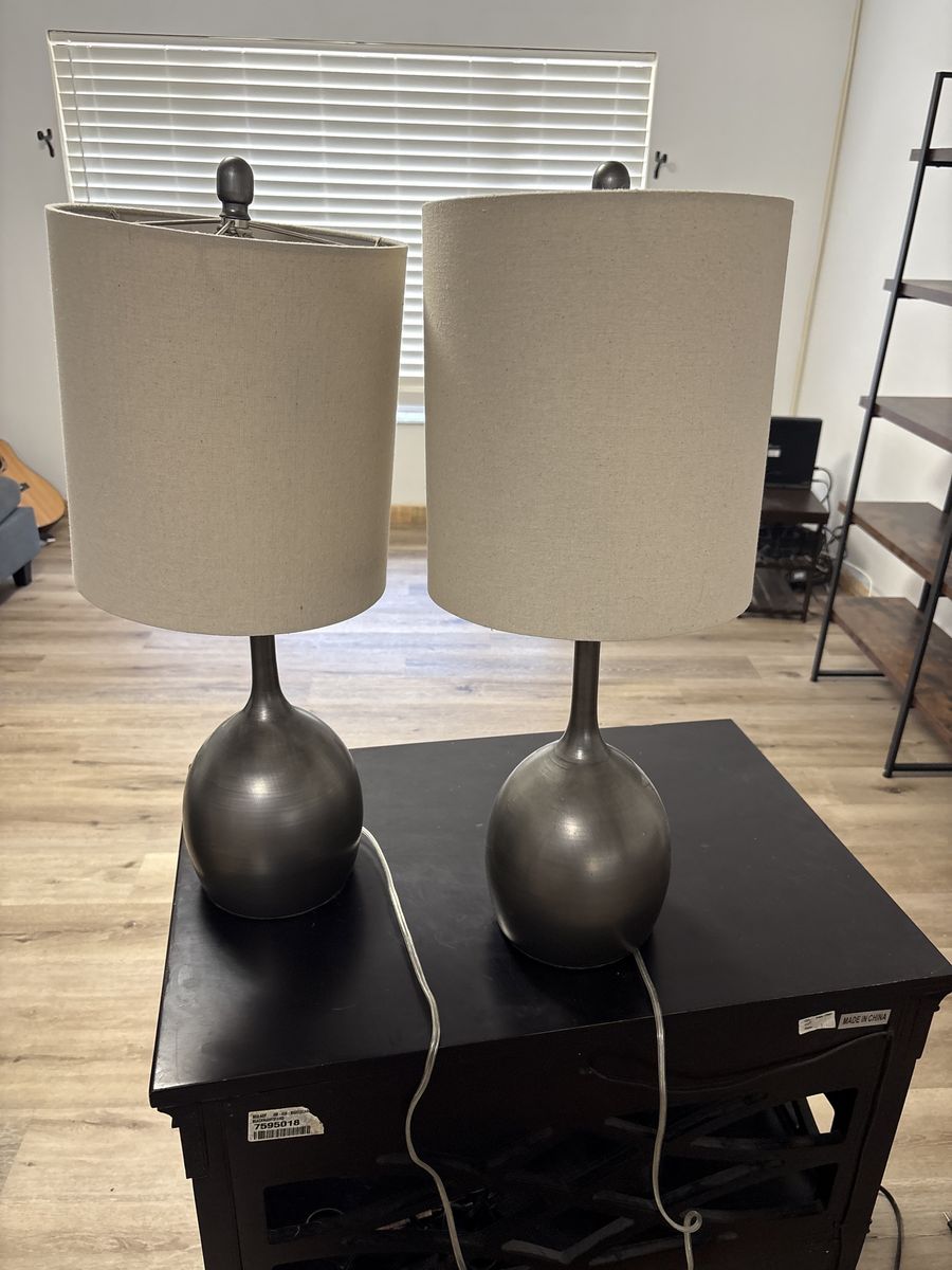 Set of 2 Modern Bronze Table Lamps with Tan Fabric Shades
