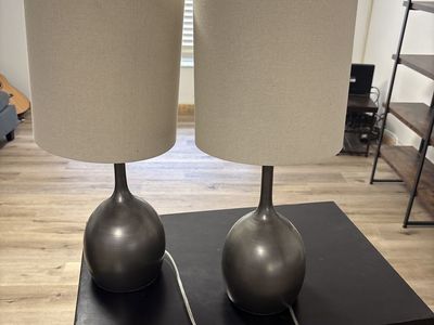 Set of 2 Modern Bronze Table Lamps with Tan Fabric Shades