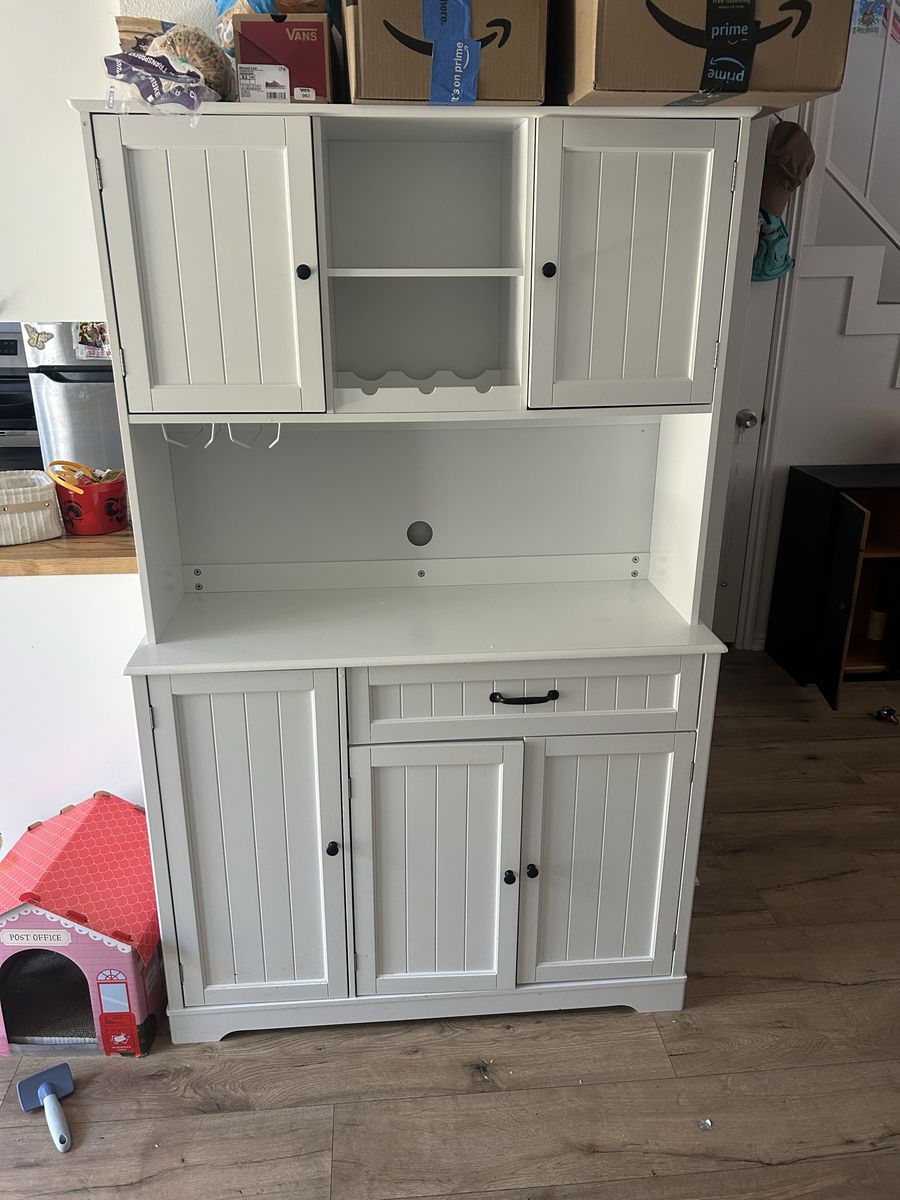 White Kitchen Buffet and Hutch Storage Cabinet with Wine Racks