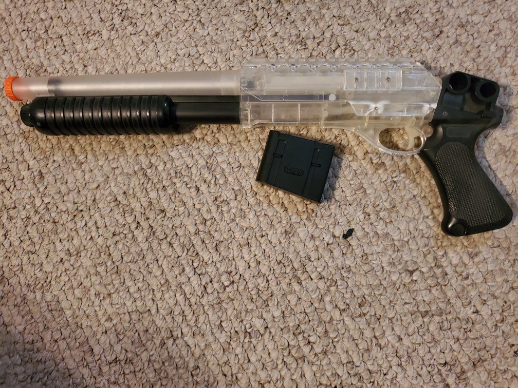 Shotgun-style spring-powered airsoft gun