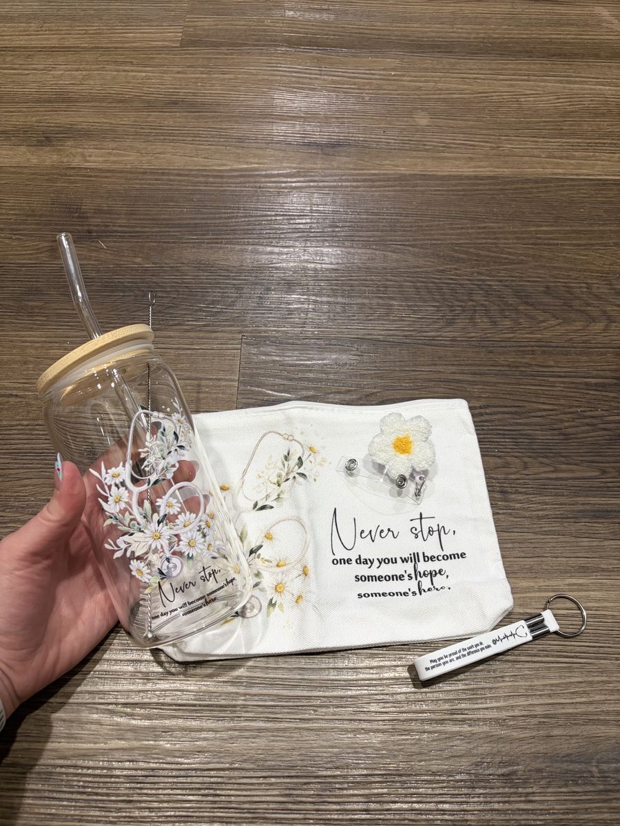 Nurse Appreciation Gift Set - Glass Can Tumbler with Bamboo Lid, Pouch, Badge Reel & Keychain