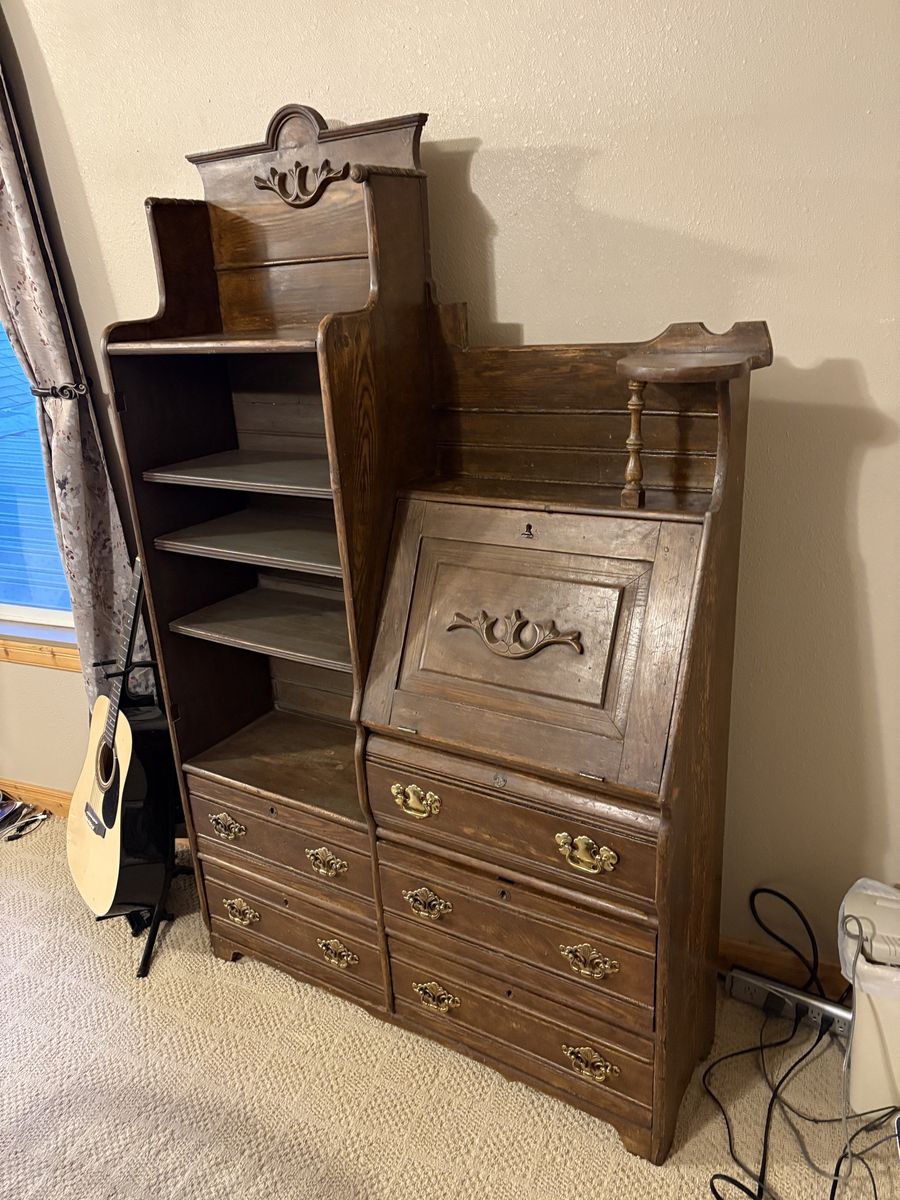 Vintage Solid Wood Secretary Desk & Bookshelf Combo