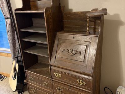 Vintage Solid Wood Secretary Desk & Bookshelf Combo