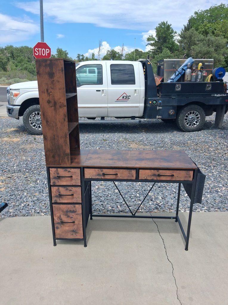 Rustic Industrial Style Computer Desk with Storage & Shelves - Dark Wood & Metal