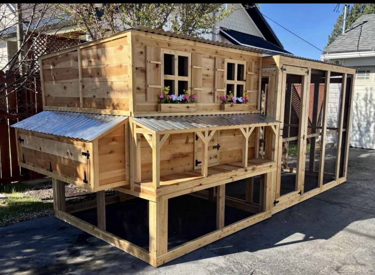 Custom Built Large Wooden Chicken Coop with Run & Nesting Boxes - Saloon Style