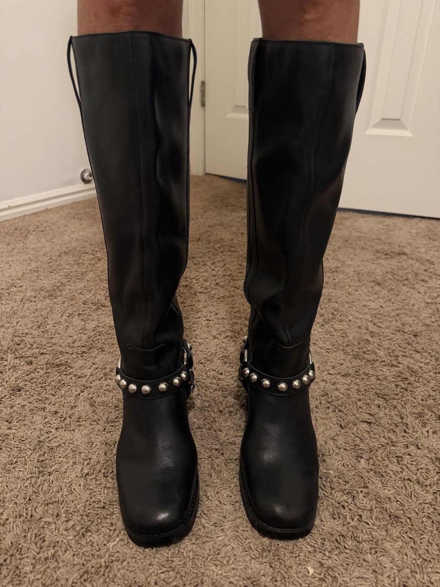 Black Studded Knee-High Boots with Harness Detail Marc Fisher!