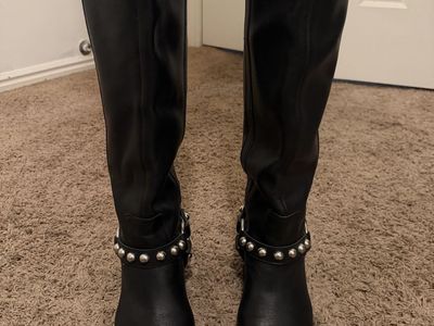 Black Studded Knee-High Boots with Harness Detail Marc Fisher!