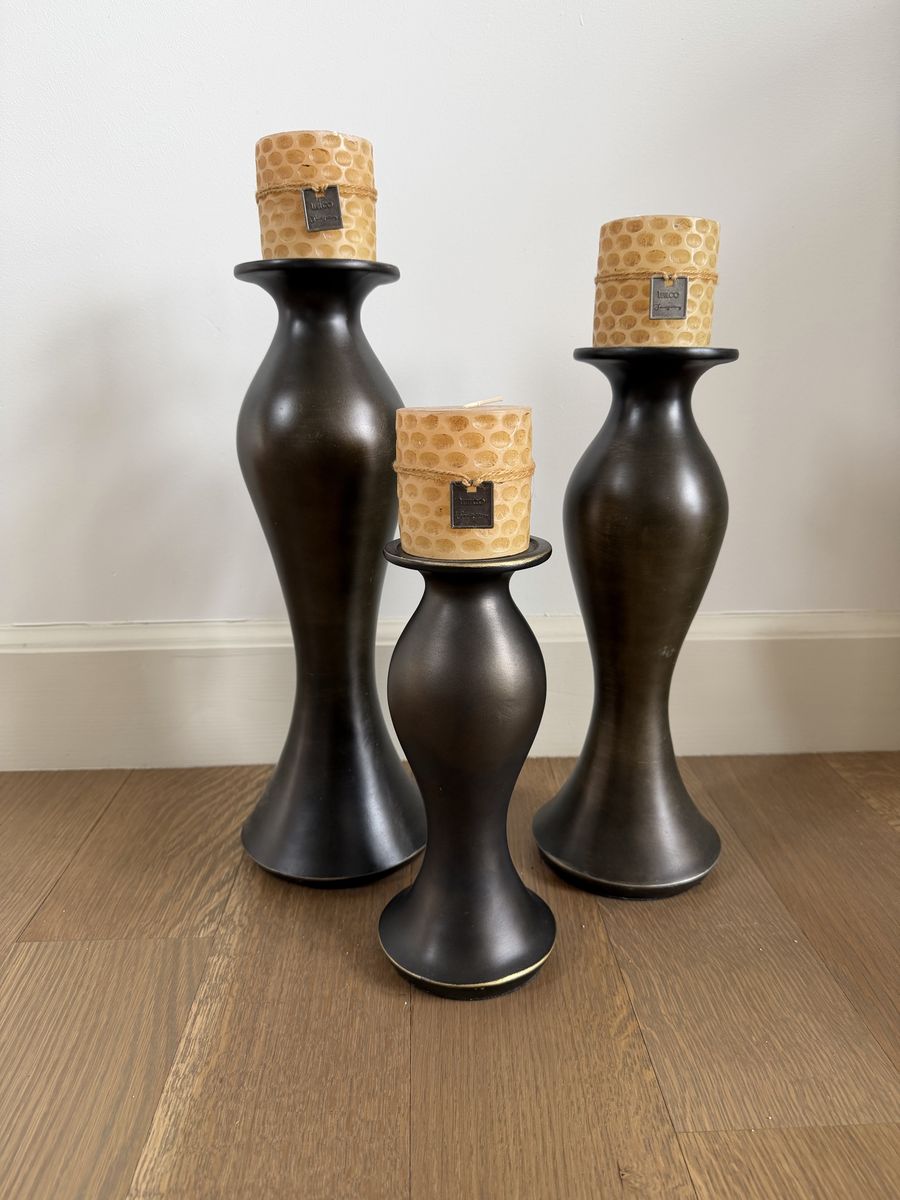 Set of 3 Modern Matte Pillar Candlesticks with Candles