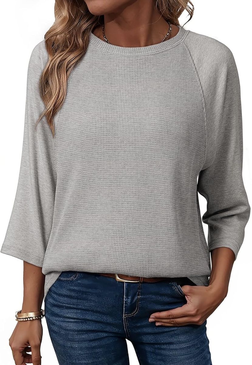 XL Women's Gray Waffle Knit Round Neck 3/4 Sleeve Top (New)