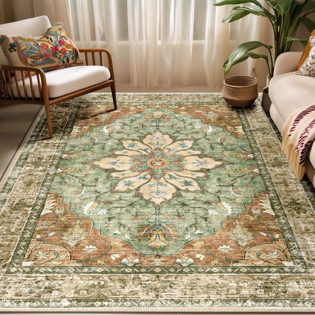RELEANY Area Rugs 5'x7' Washable Non-Slip, Floral Vintage Distress Print Pattern Medallion Carpet for Living Room Bedroom Dining