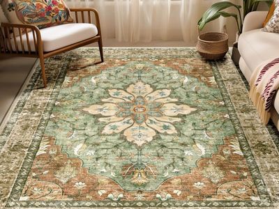 RELEANY Area Rugs 5'x7' Washable Non-Slip, Floral Vintage Distress Print Pattern Medallion Carpet for Living Room Bedroom Dining