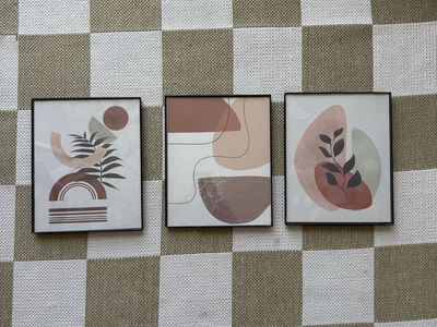 Set of 3 Boho Abstract Leaf Wall Art Prints in Black Frames - Earth Tones Minimalist Decor (8x10”)