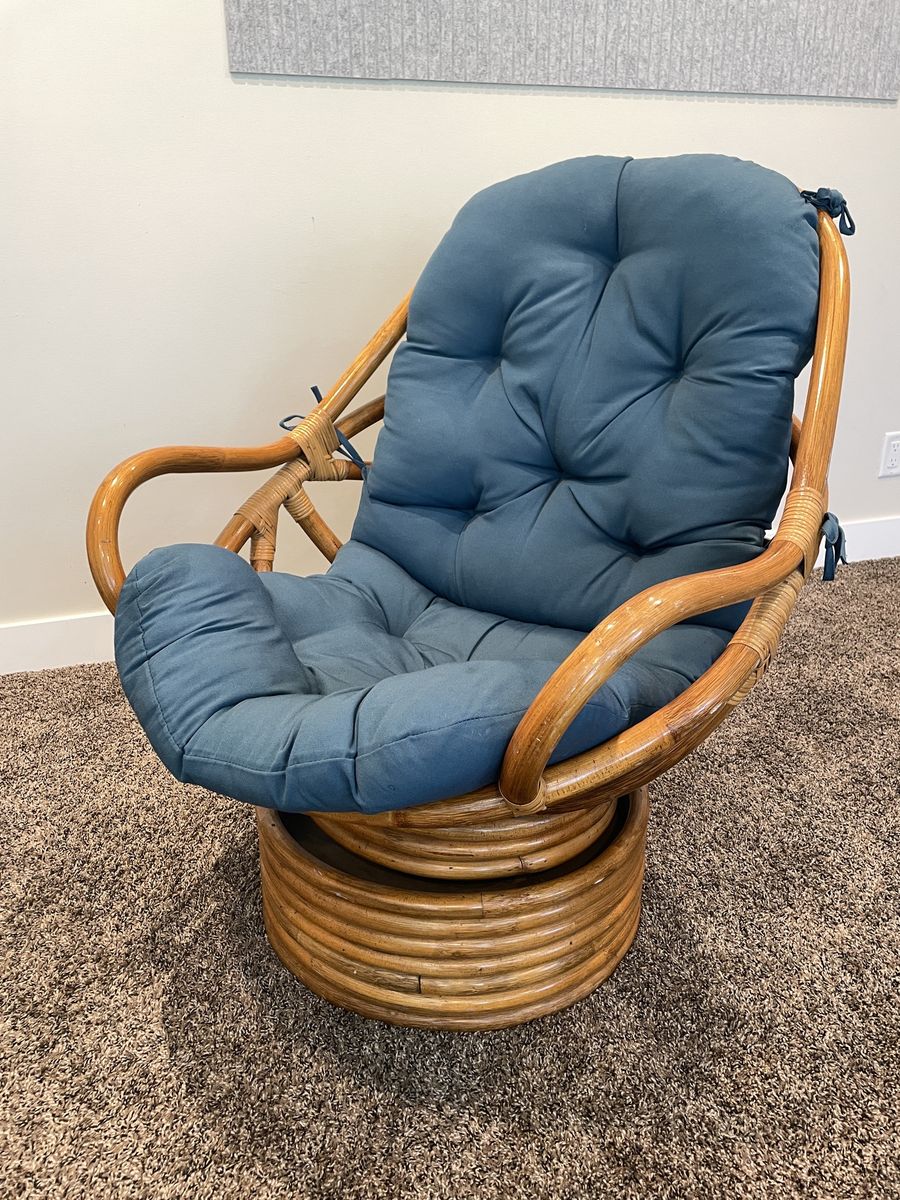 Vintage Rattan Swivel Rocker Chair with Blue Cushions - Papasan Style Armchair
