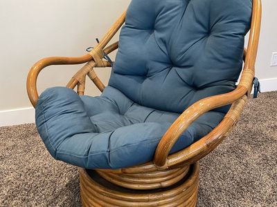 Vintage Rattan Swivel Rocker Chair with Blue Cushions - Papasan Style Armchair