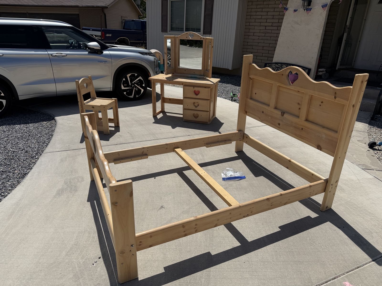 Handmade Pine Full-Size Bed Frame with Matching Vanity and Chair - Hearts Carvings