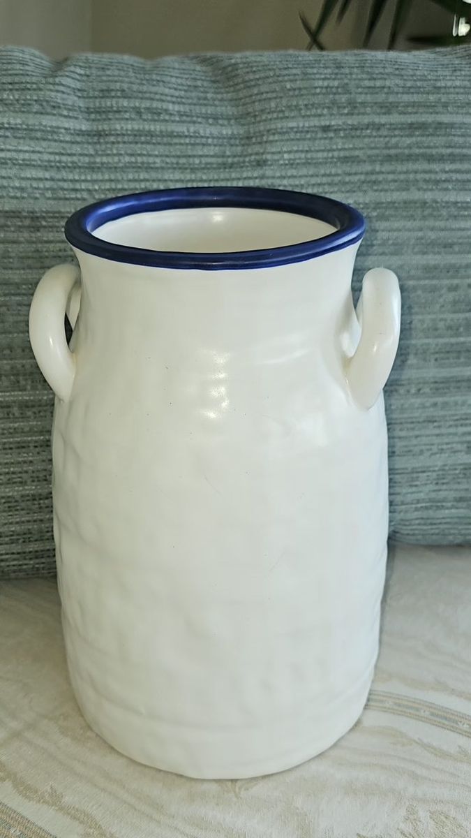 Ceramic Milk Can Style Vase White with Blue Trim Decorative Planter Farmhouse Decor 10" T 5" Opening