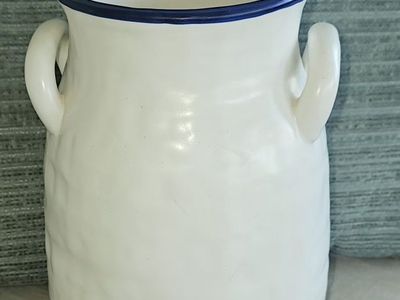 Ceramic Milk Can Style Vase White with Blue Trim Decorative Planter Farmhouse Decor 10" T 5" Opening