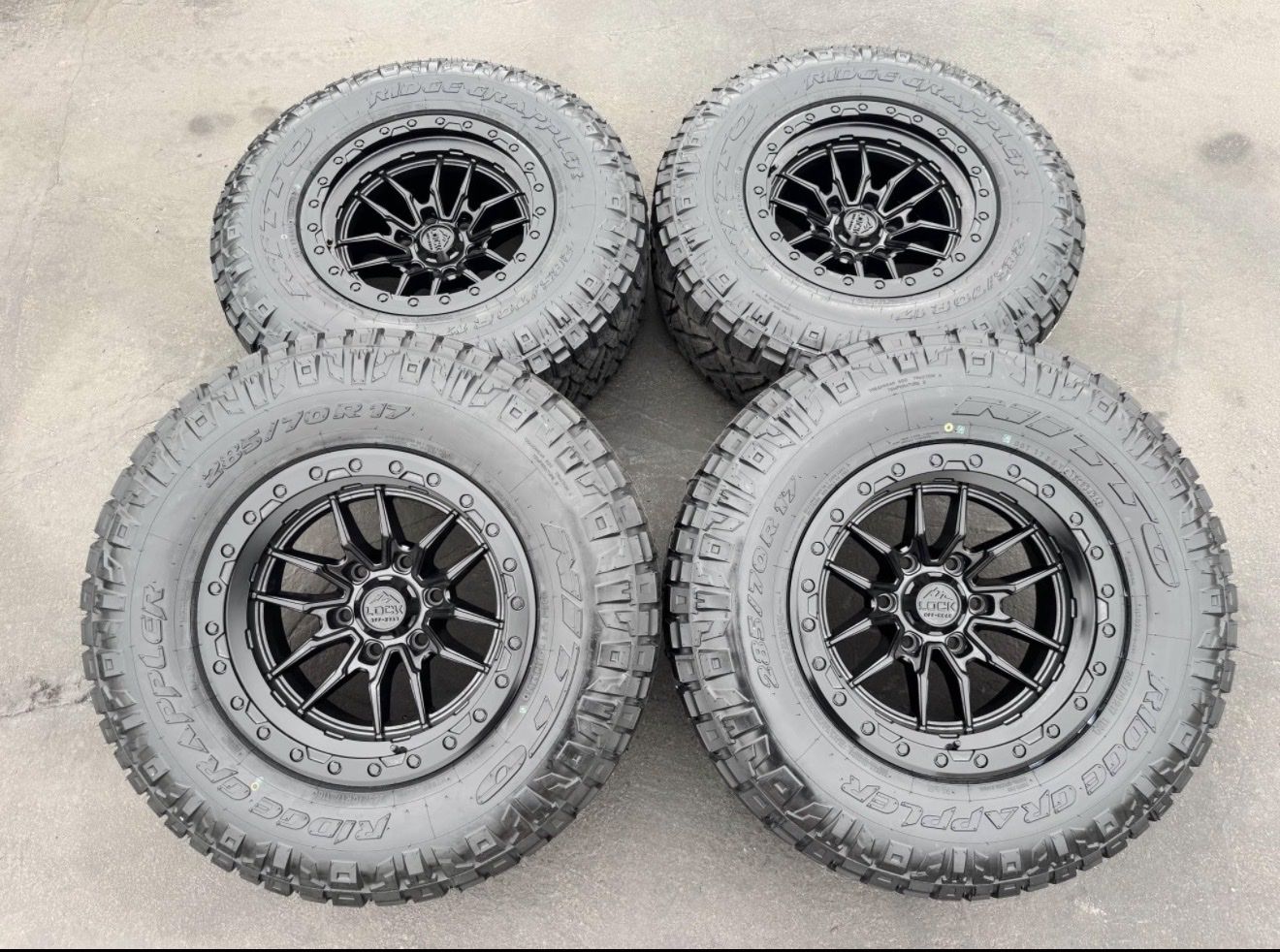 New Nitto Ridge Grappler 285/70r17 Black Lock Krawler 6x5.5 Chevy Silverado 1500 Toyota Tacoma 6 lug wheels and tires Ranger