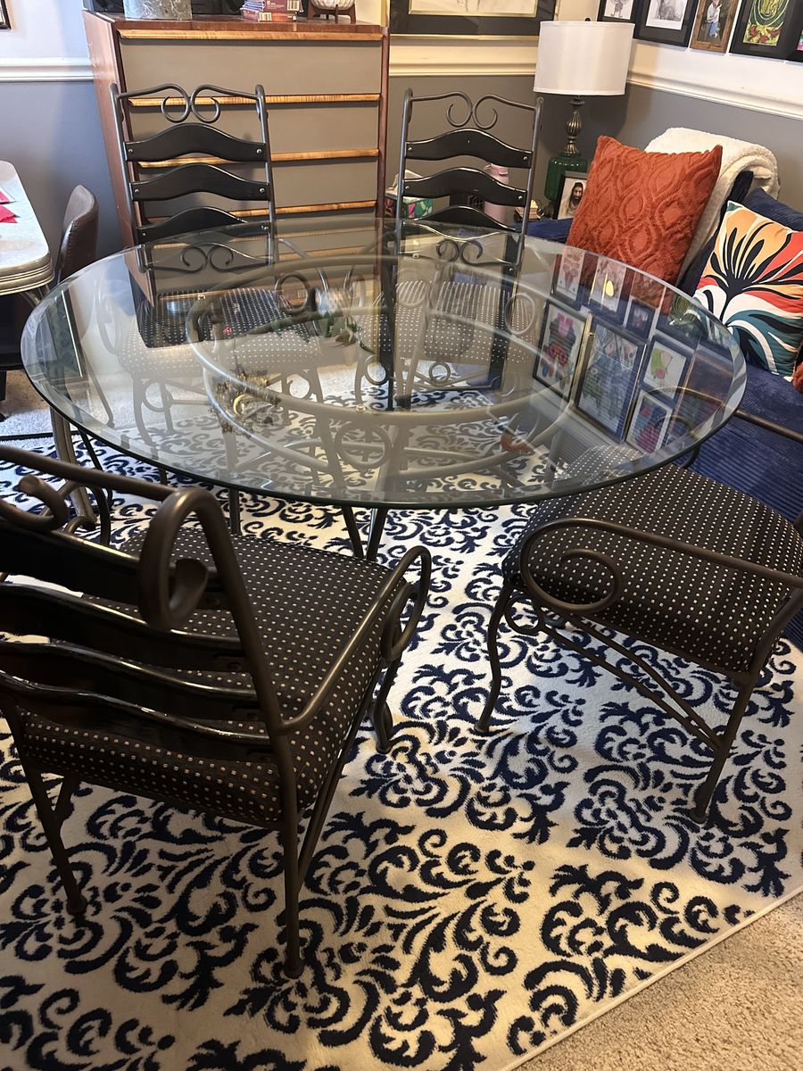 Wrought Iron Dining Set with Round Glass Top Table and 4 Chairs